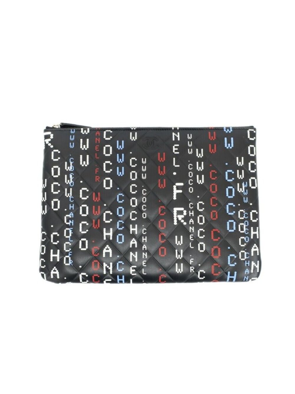 Chanel Ten Clutch Typography Quilted Second Black Silver Lambskin CC Logo